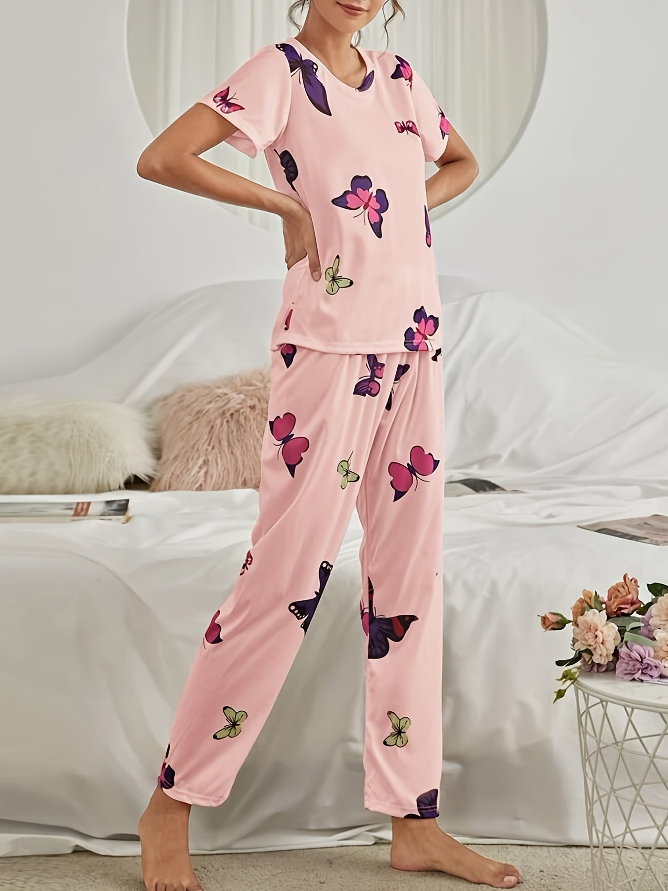 Butterfly Print Pajama Set Short Sleeve Top & Elastic Waistband Pants