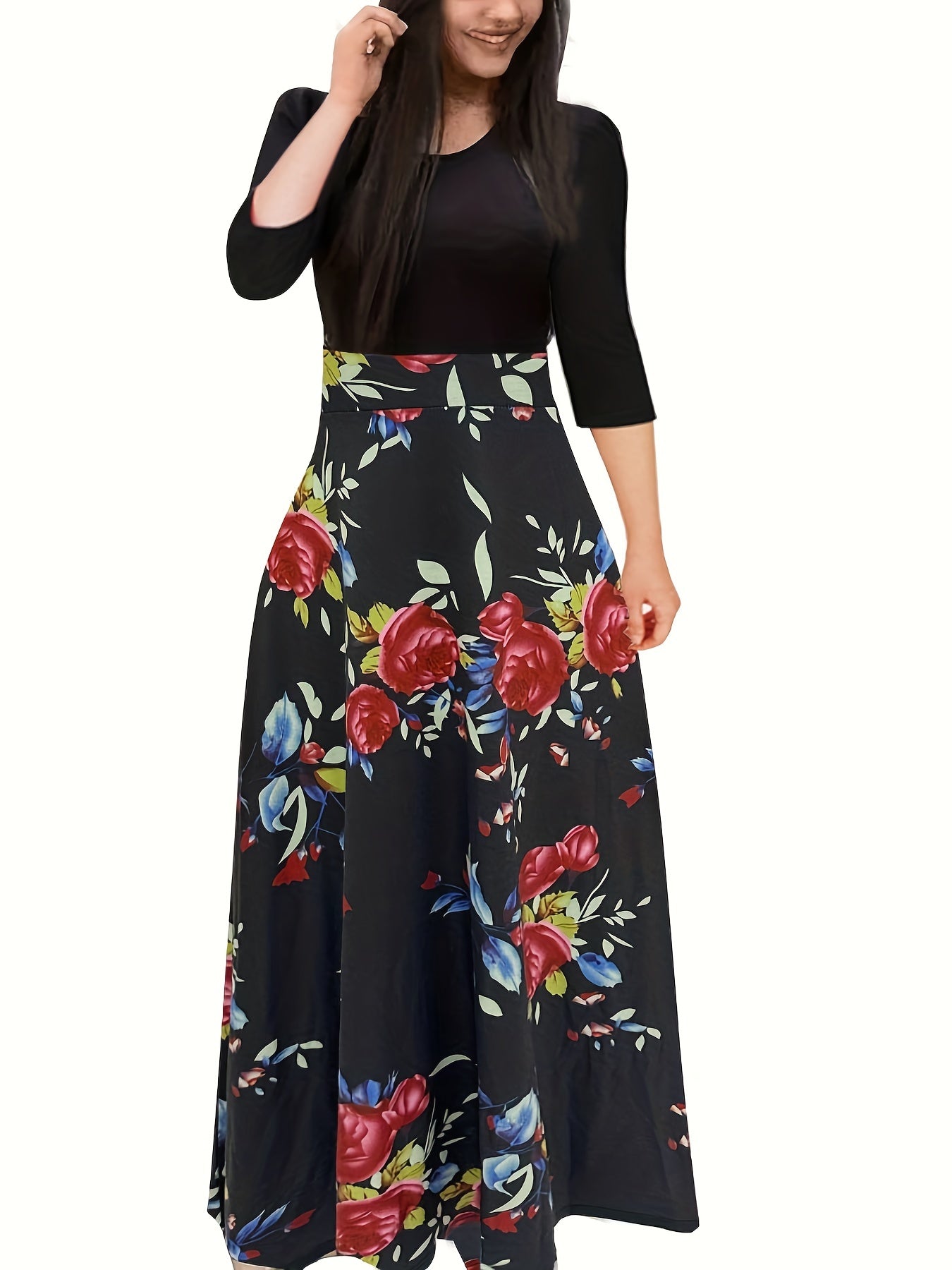  Colorblock Floral Print Maxi Dress