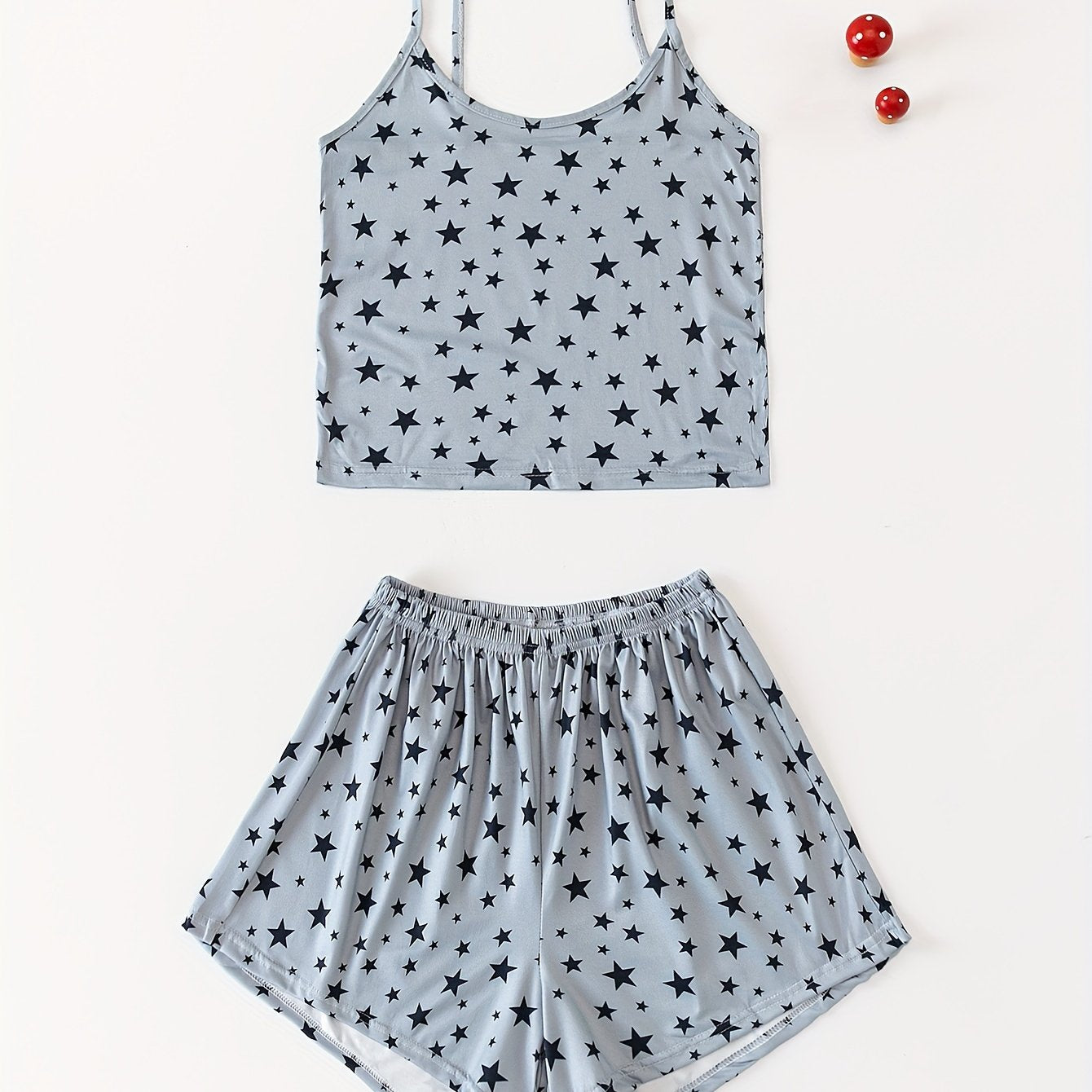 Star Print Pajama Set Crew Neck Cami Top & Elastic Waistband Shorts
