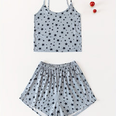 Star Print Pajama Set Crew Neck Cami Top & Elastic Waistband Shorts
