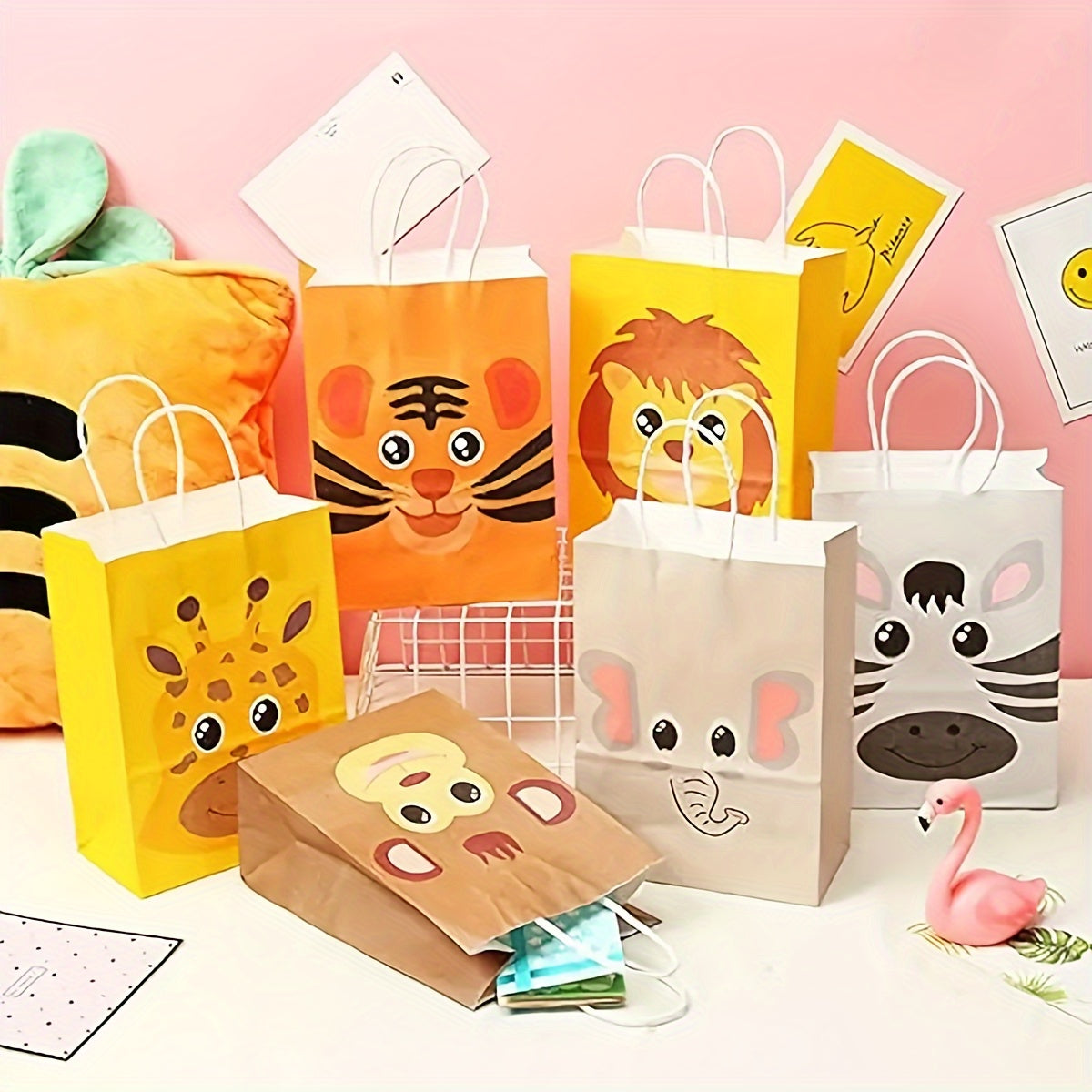 6pcs Animal Gift Bags Jungle Party Bags Candy Gift Paper Bags With Handle