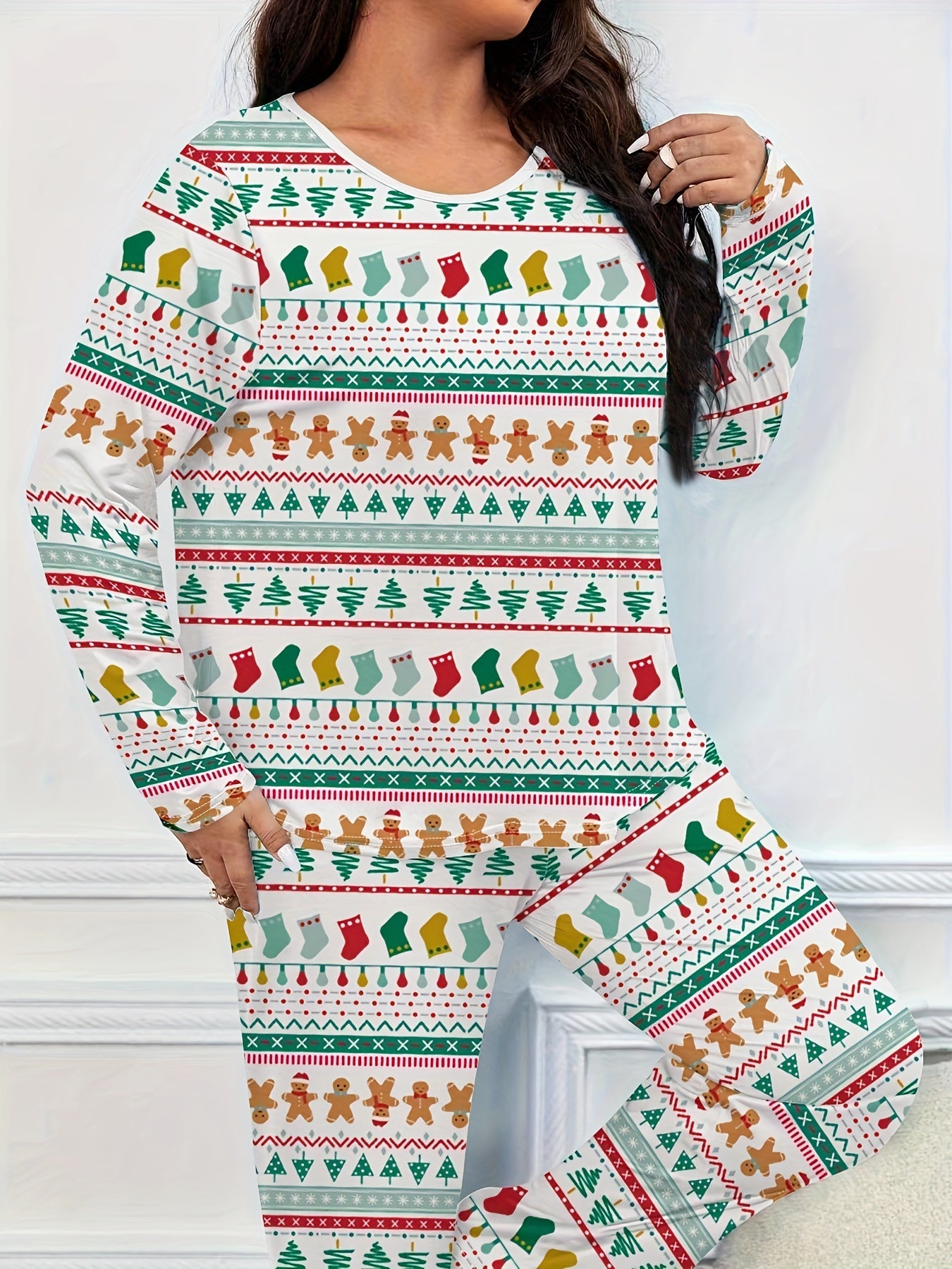  Christmas Casual Pajamas Set Women's Plus Print Tee & Pant