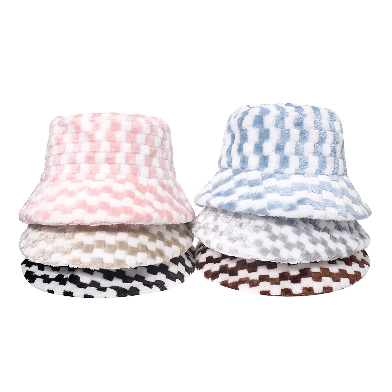 Women's Plaid Faux Fur Bucket Hat Warm Fisherman Hat for Cold Weather