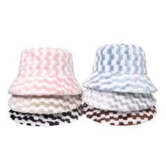 Women's Plaid Faux Fur Bucket Hat Warm Fisherman Hat for Cold Weather