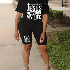  Graphic Tee & Stretch Shorts Two Piece Outfit Set