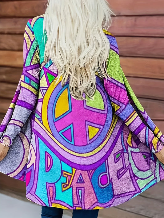  Casual Allover Print Long Sleeve Open Front Cardigan
