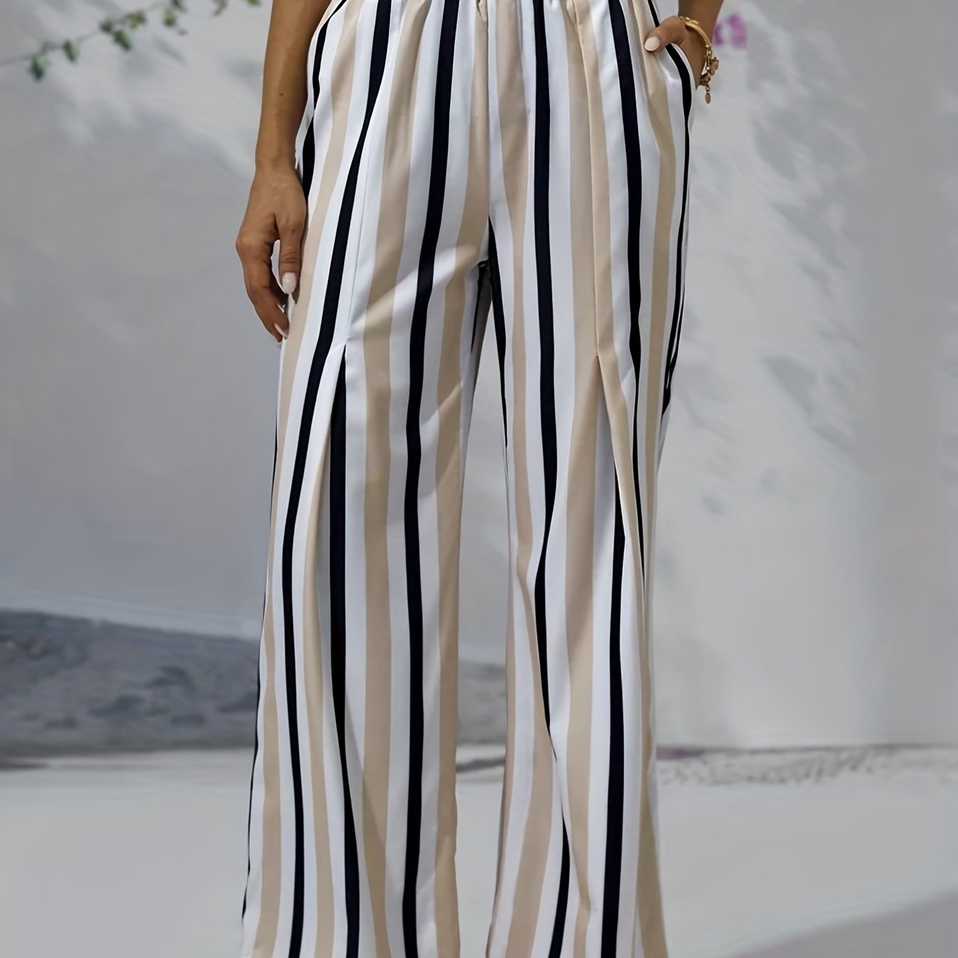  Striped Print Wide Leg Pants With Pockets