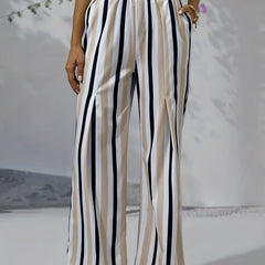  Striped Print Wide Leg Pants With Pockets