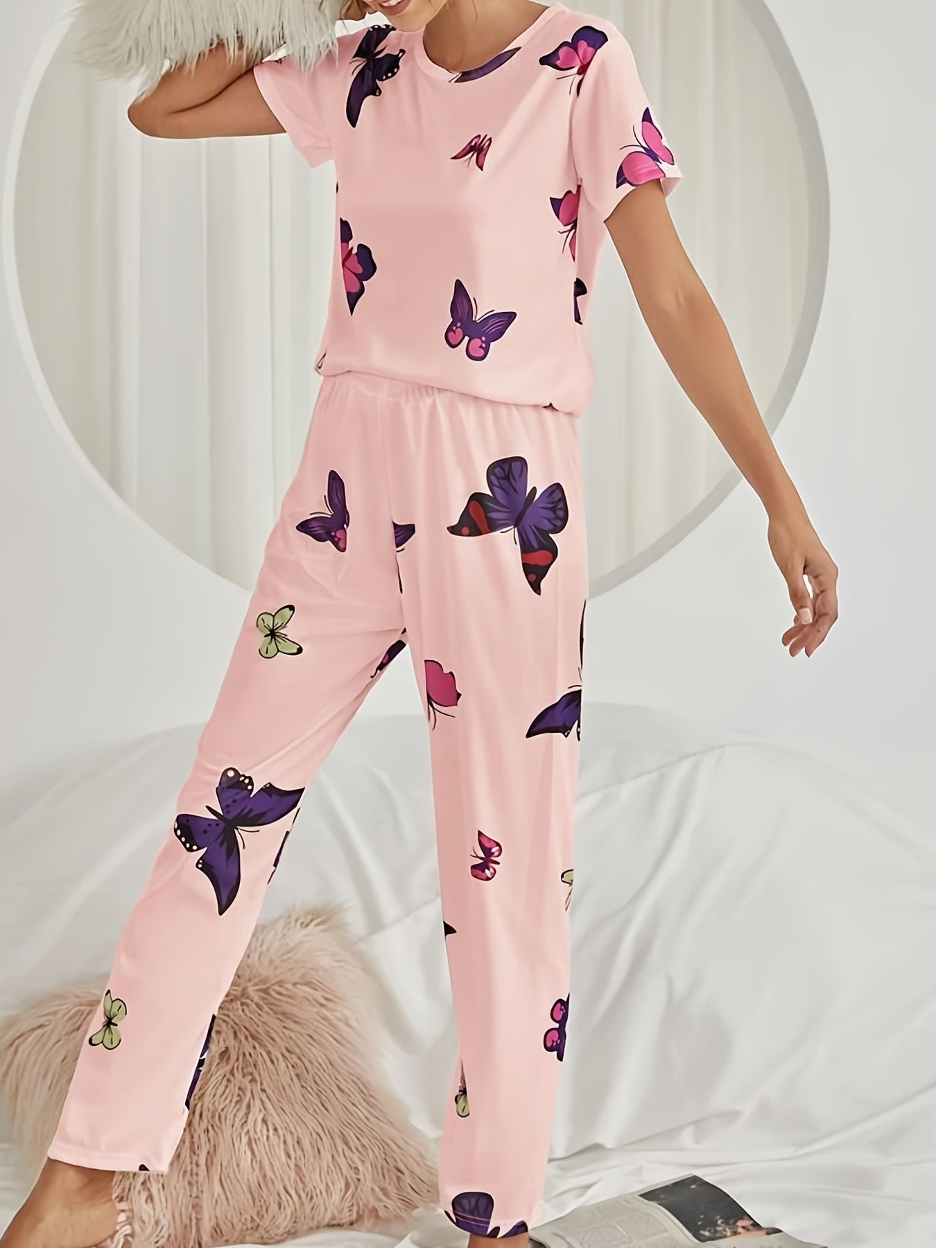 Butterfly Print Pajama Set Short Sleeve Top & Elastic Waistband Pants