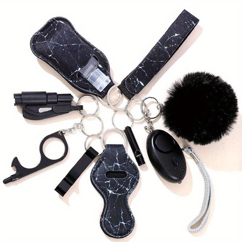 9pcs Women's Keychain Set: Alarm, Travel Bottle, Accessories