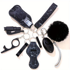 9pcs Women's Keychain Set: Alarm, Travel Bottle, Accessories