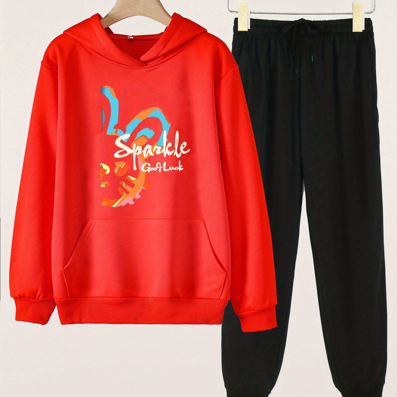 2pcs SPARKLE Girls Hoodie & Sweatpants Set Kids Casual Long Sleeve Loose Hooded
