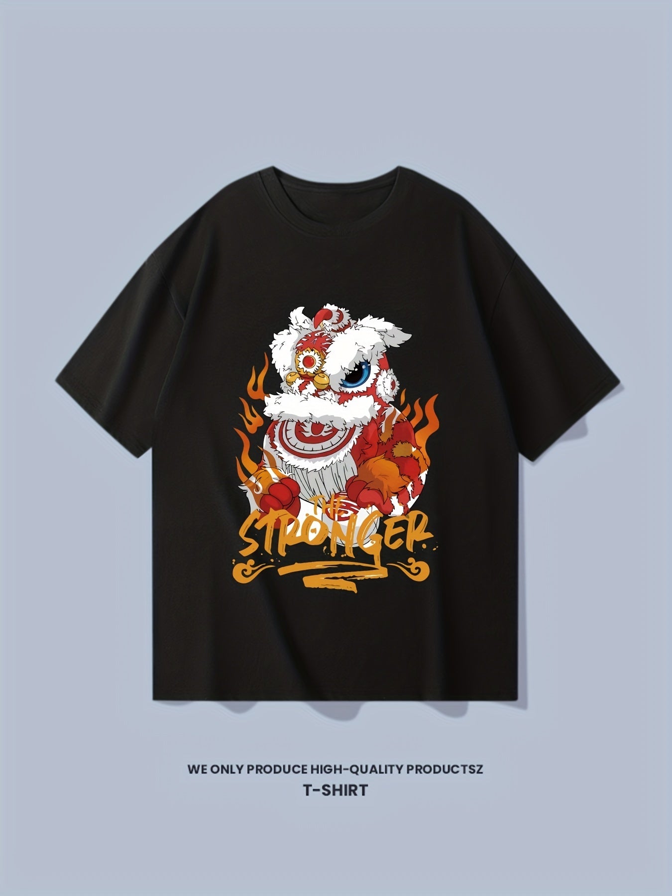Cotton Stronger & Lion Dance Print Men's Graphic Crew Neck T-shirt