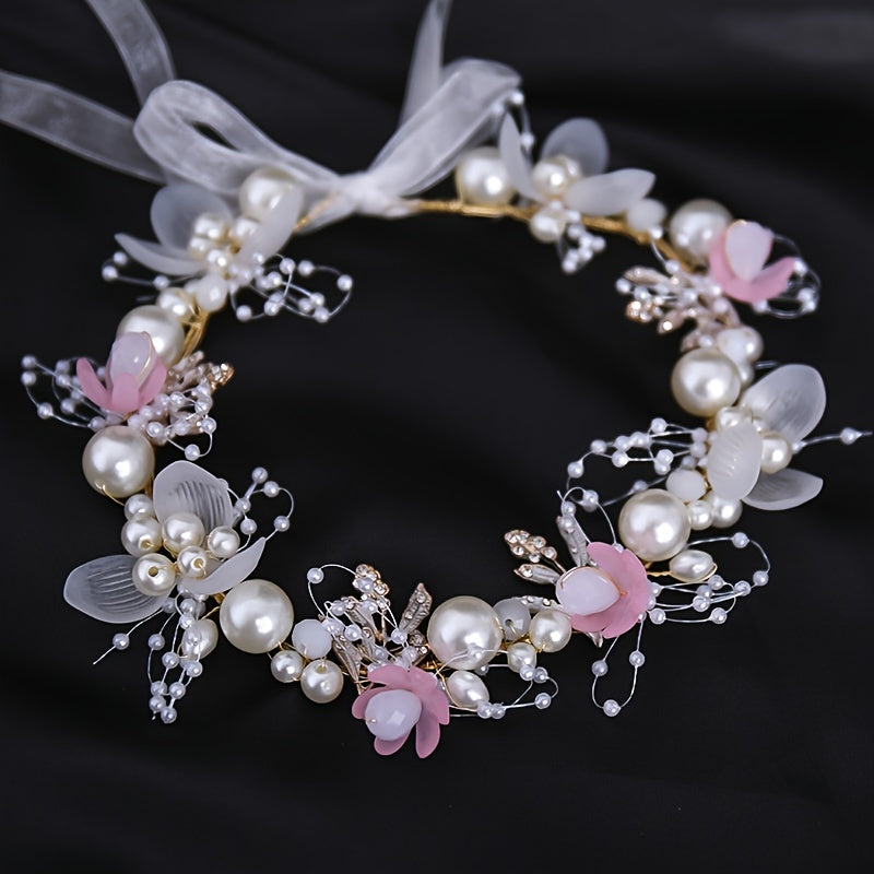 Pearl Floral Headband Golden Leaf Tiara Headgear