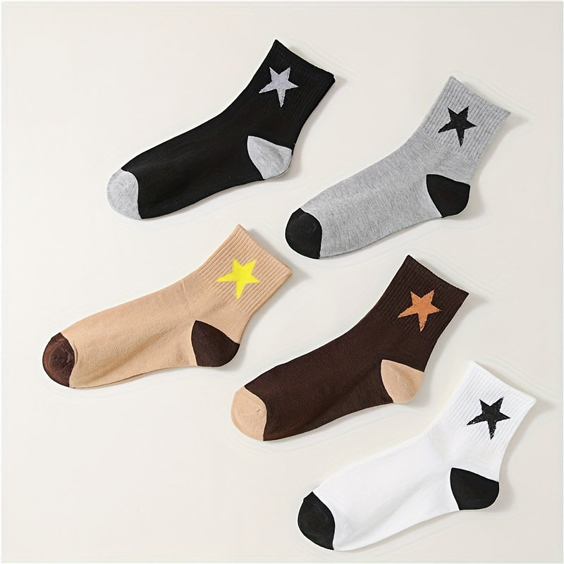 5 Pairs Star Print Socks Soft & Breathable Mid Tube Women's Stockings