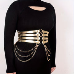  Golden Harness Belt Gothic Chain Fringe Layer PU Leather Waistband
