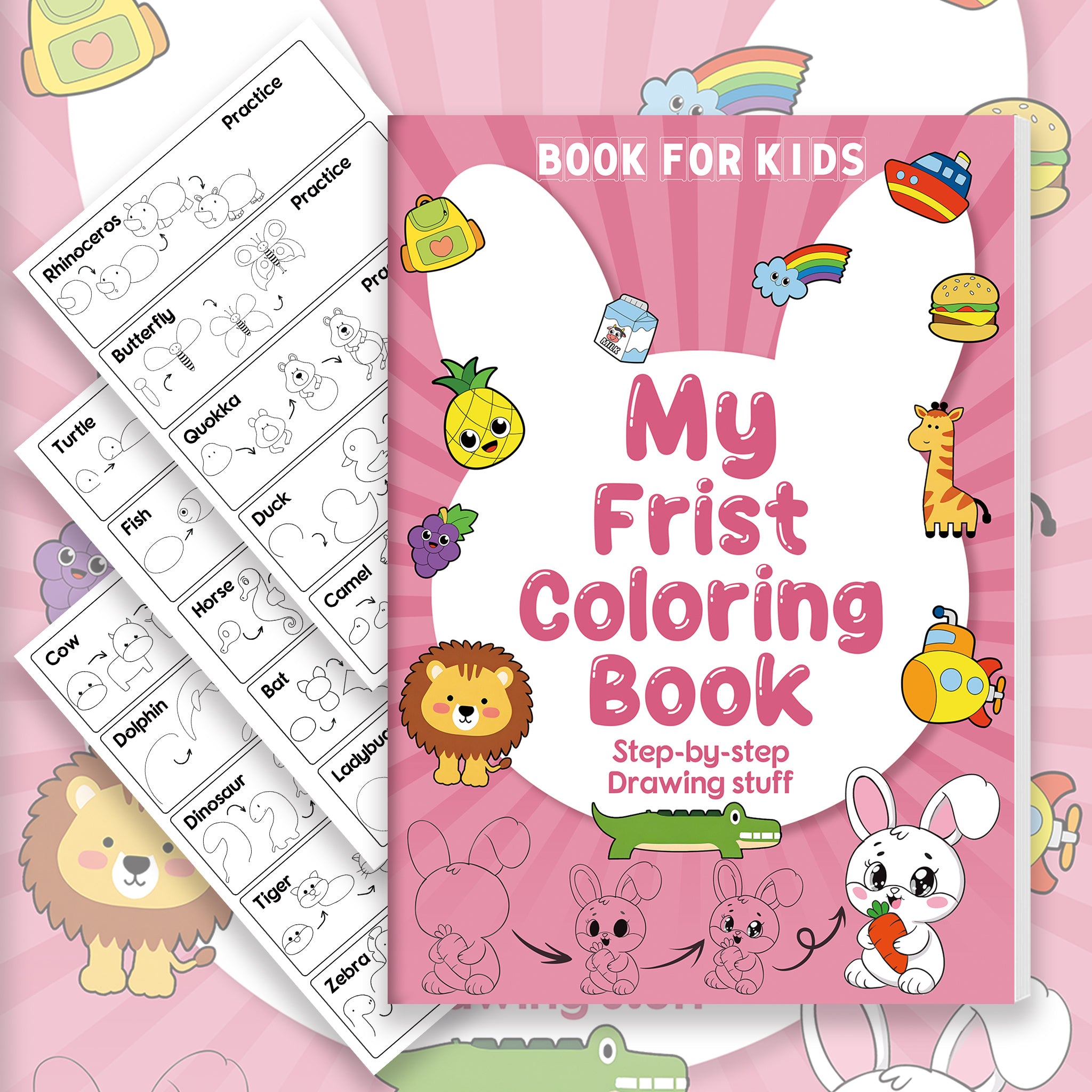 Step by Step Drawing & Coloring Book with Animal Fruit Transport & Rainbow Pages