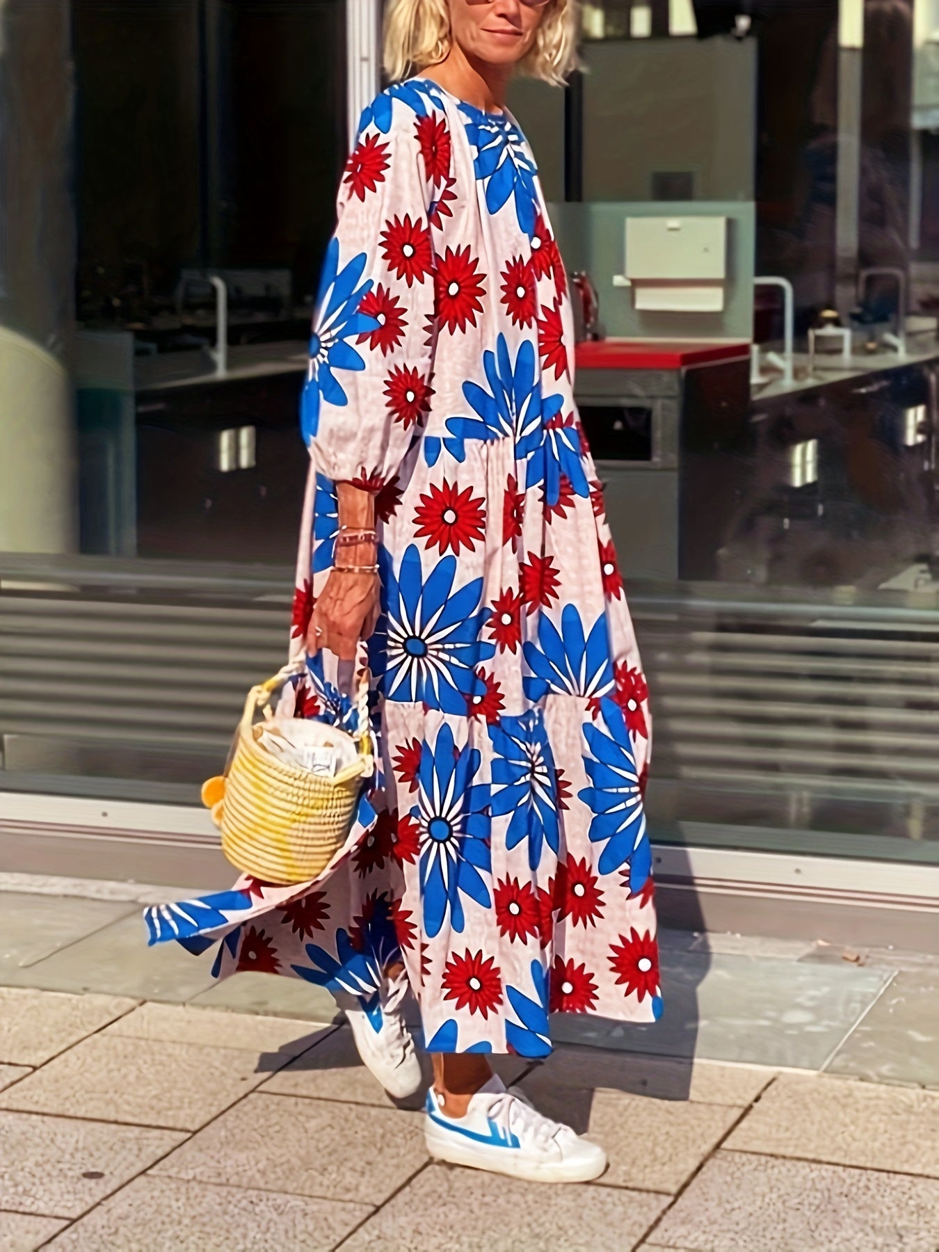  Boho Floral Lantern Sleeve Maxi Dress