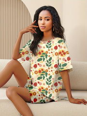 Strawberry Print Pajama Set Short Sleeve Top & Shorts Women's Sleepwear