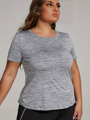  Heathered Round Neck Cut Out Twist Back High Stretch Fitness Top
