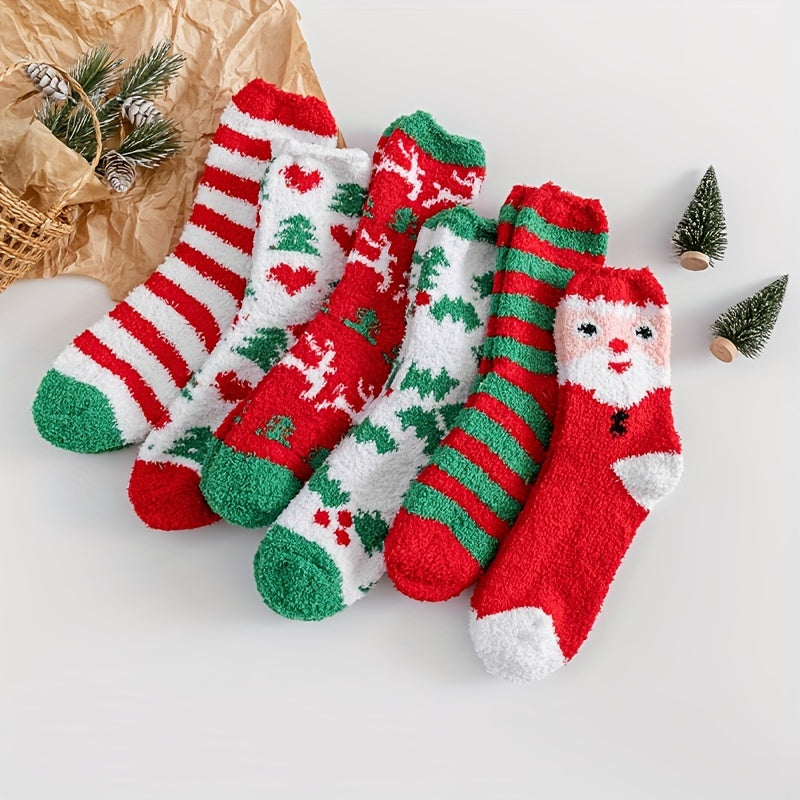 6 Pairs Cartoon Fuzzy Socks Comfy & Warm Christmas Mid Tube Socks