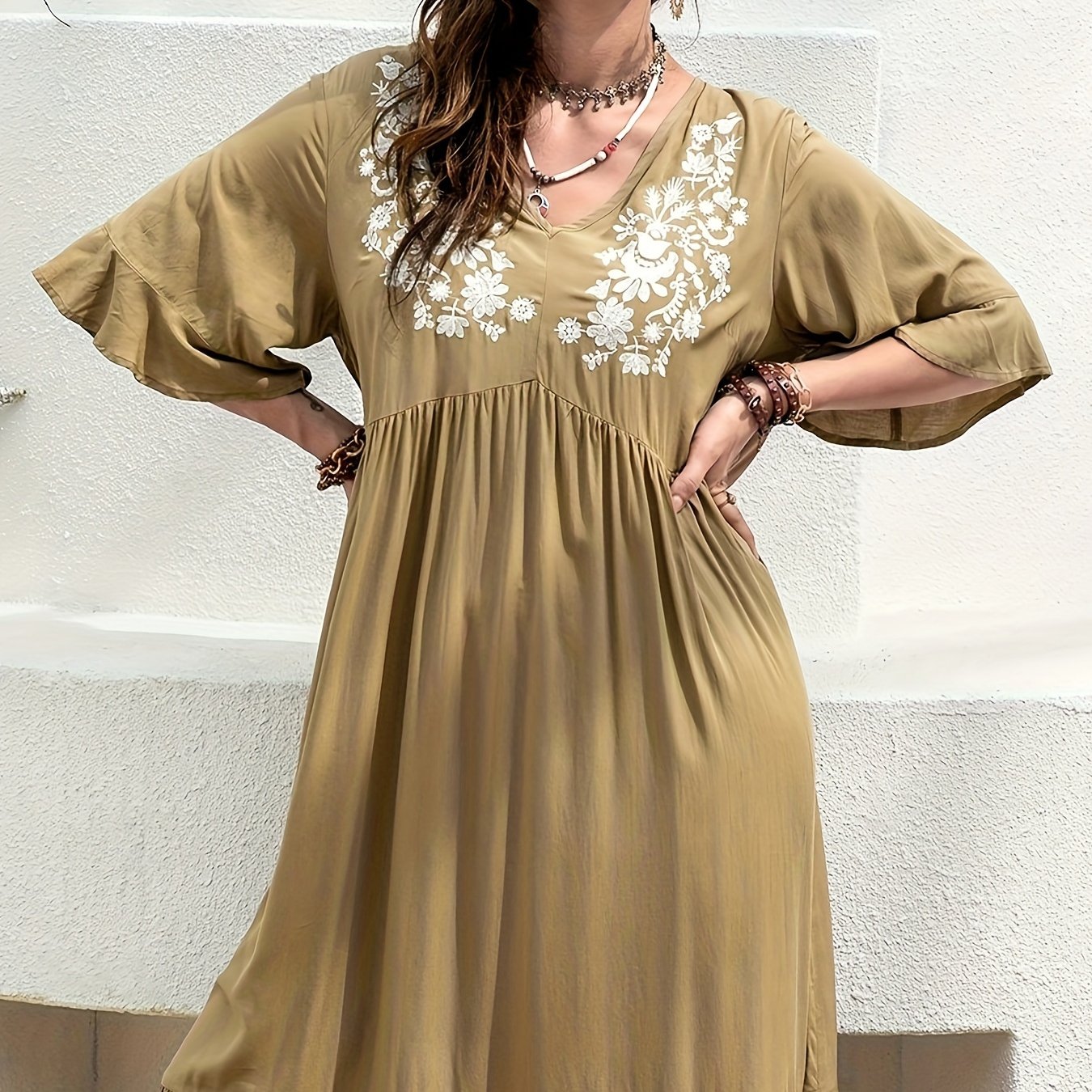  Lace Ruffle Trim V Neck Dress