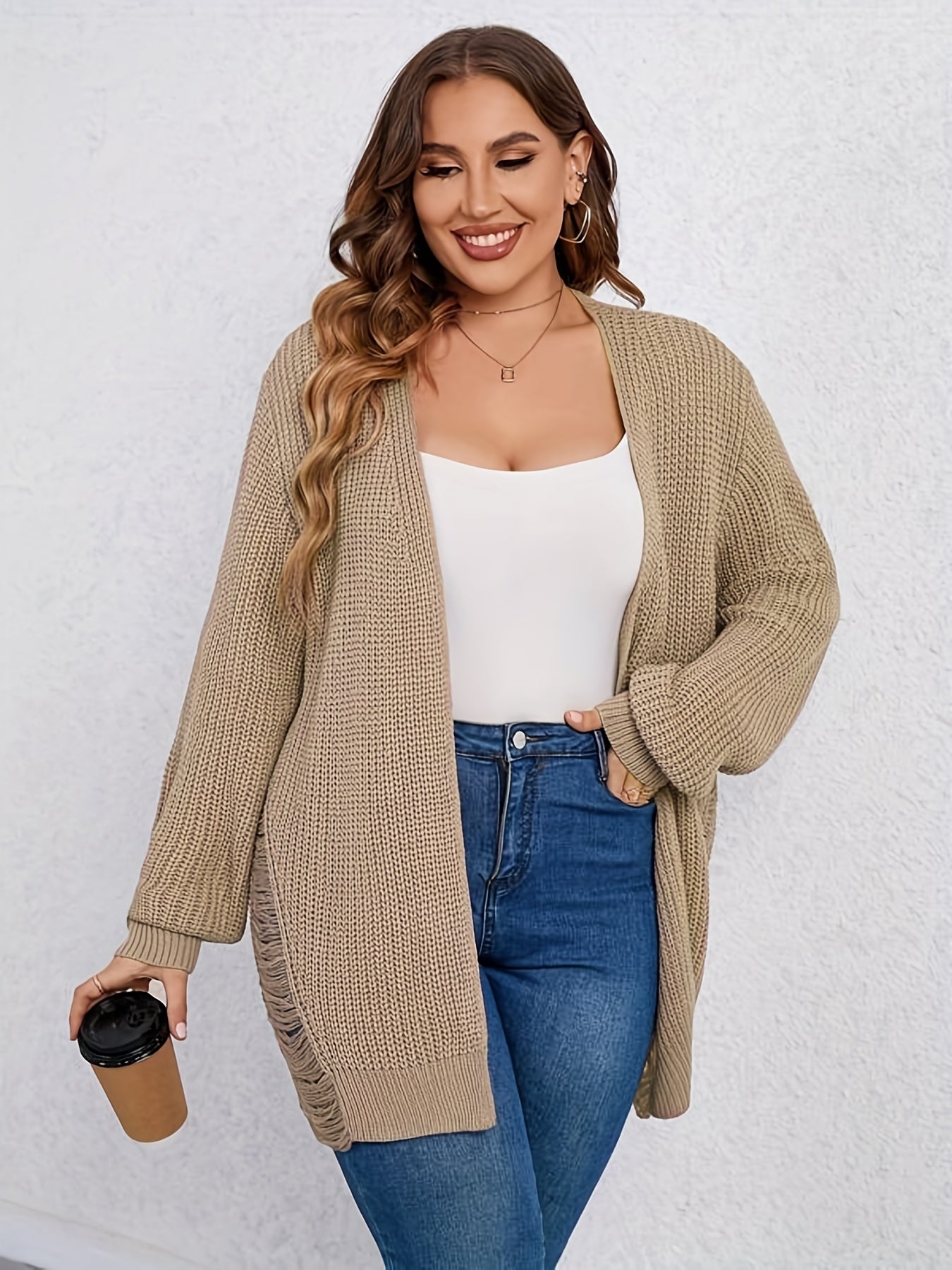  Solid Ripped Lantern Sleeve Open Front Cardigan