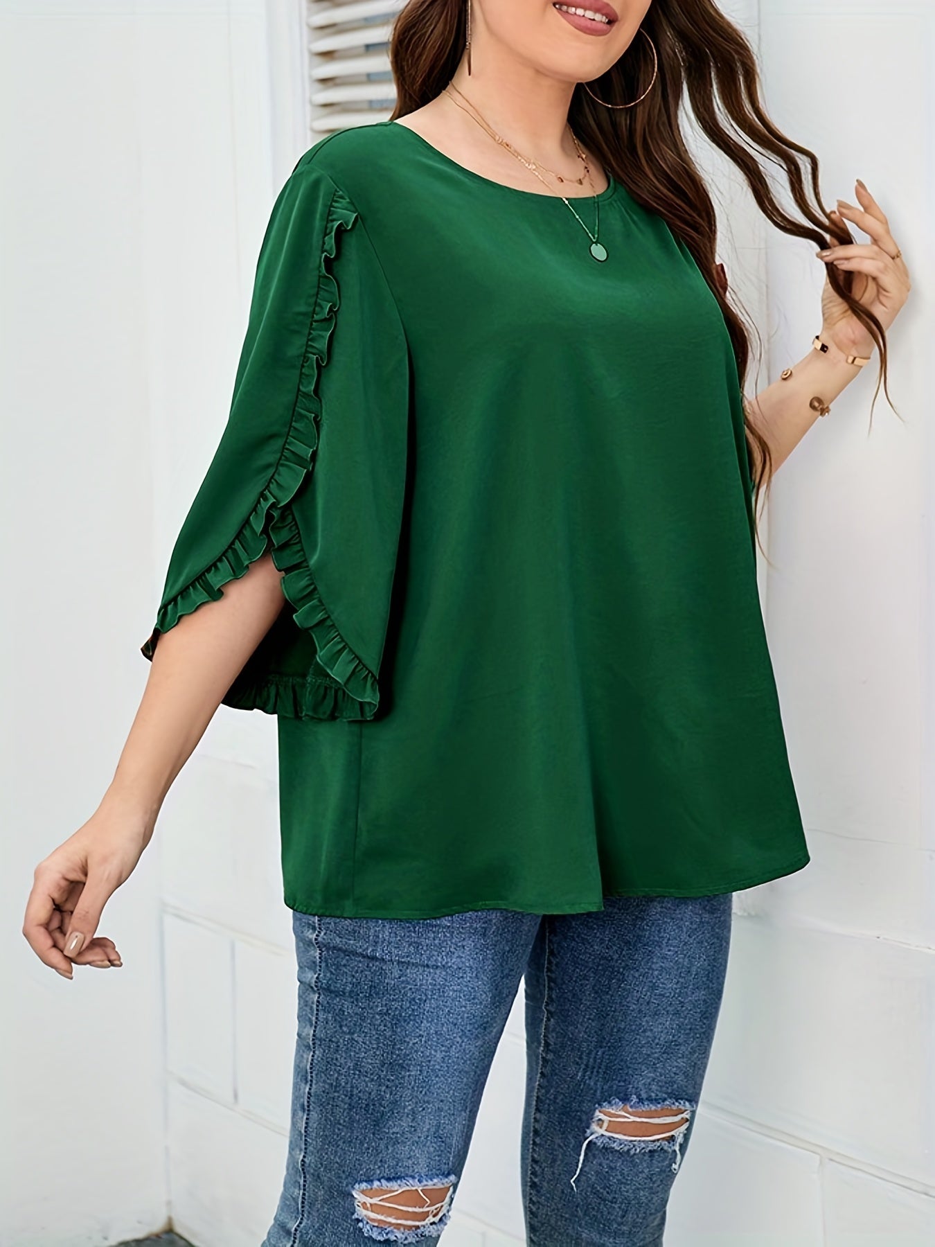  Frill Trim Solid Blouse Women's Plus Round Neck Blouse