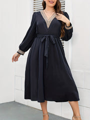 Applique Lantern Sleeve V Neck Belted Maxi Dress Plus Size