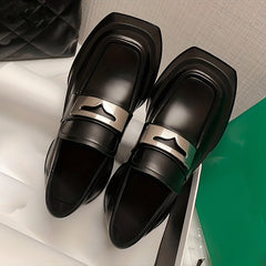Women's Metal Platform Loafers Square Toe Slip On Shoes