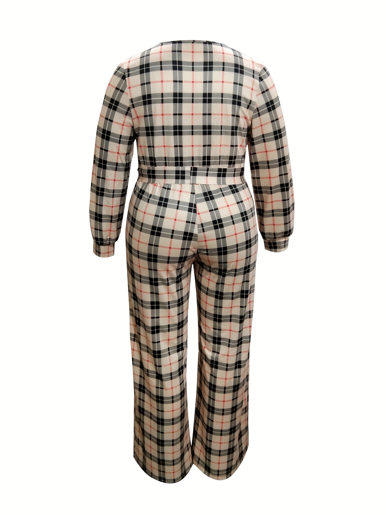  Plaid Print Wide Leg Belted Jumpsuit