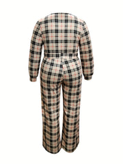  Plaid Print Wide Leg Belted Jumpsuit