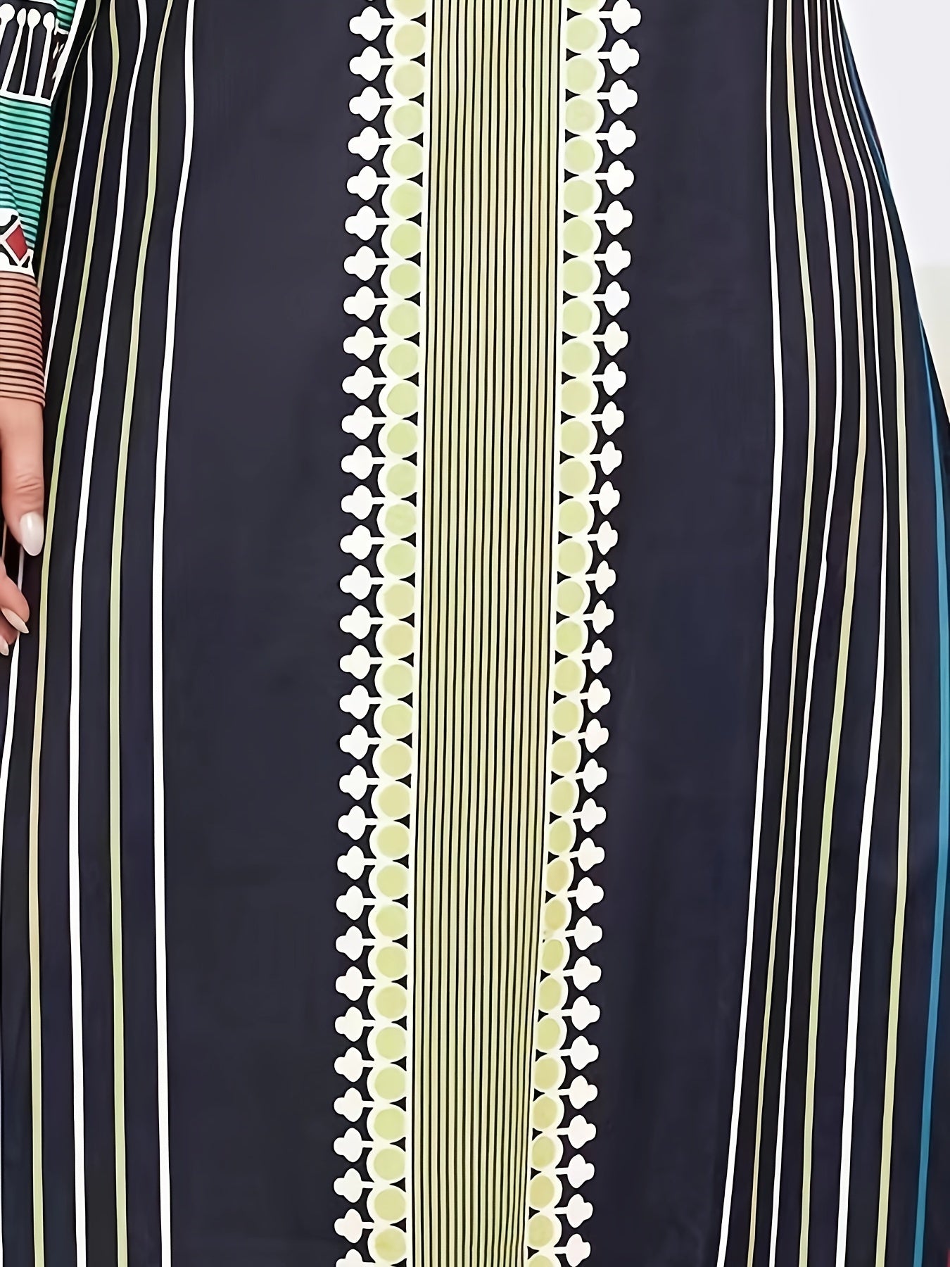  Geometric & Stripe Print Abaya Dress Long Sleeve Maxi Jalabiya