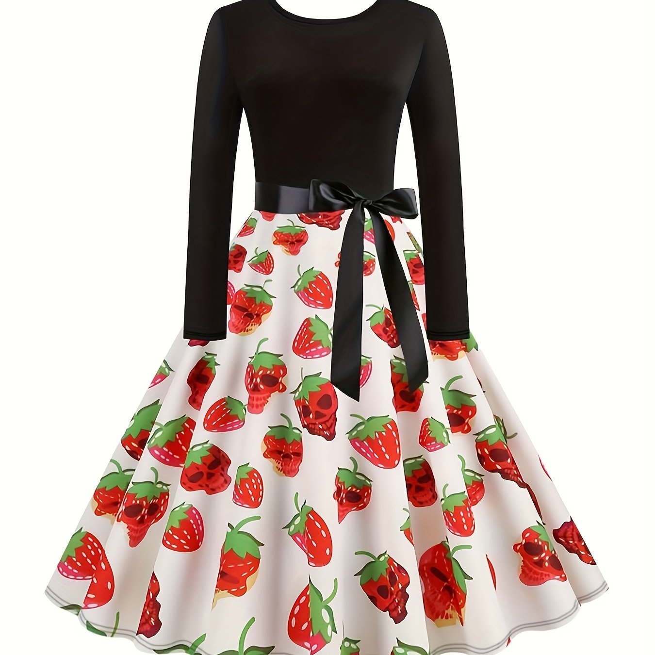  Women's Skull & Strawberry Print Long Sleeve Dress