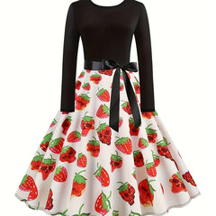  Women's Skull & Strawberry Print Long Sleeve Dress