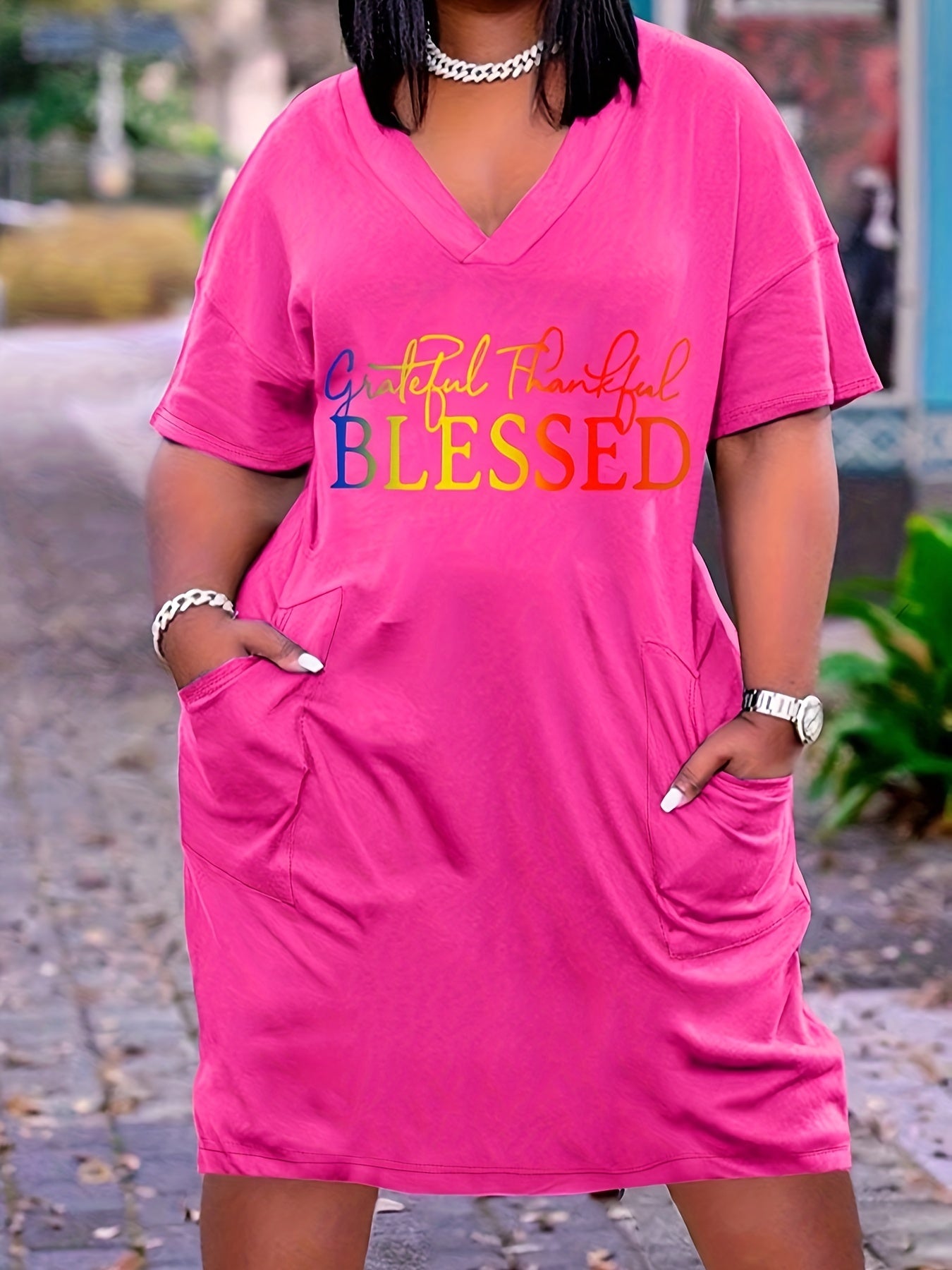 Women's Plus Ombre Letter Print Short Sleeve V Neck Casual Dress