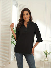  Casual Blouse Women's Plus Solid Half Sleeve Stand Collar Shirt Top