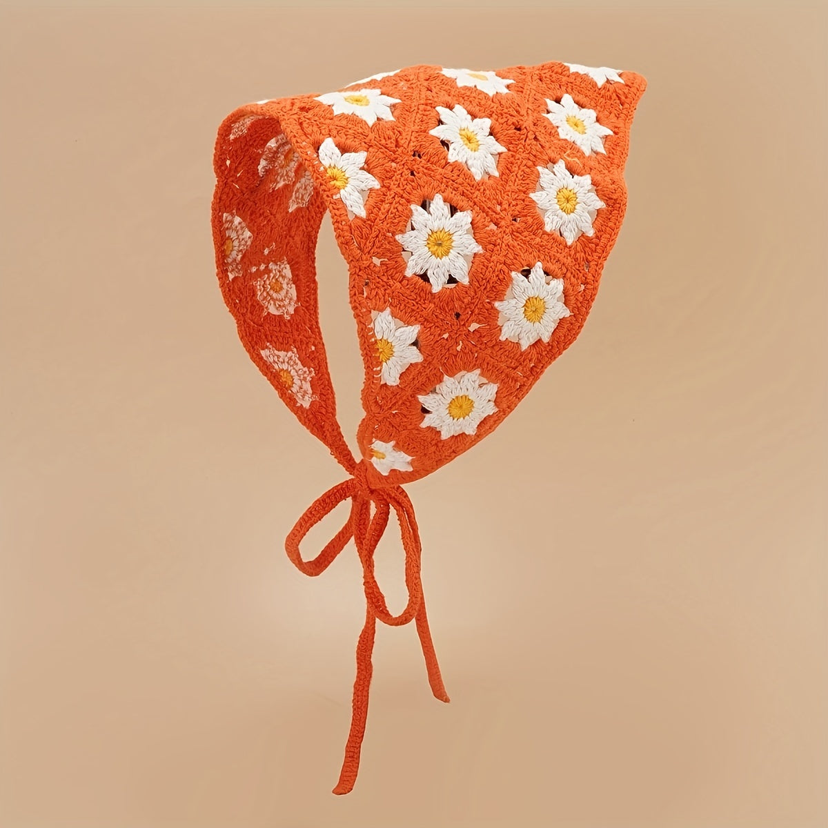 Daisy Flower Knitted Triangle Scarf Head Wrap Hollow Crochet Lace Up Turban Hat