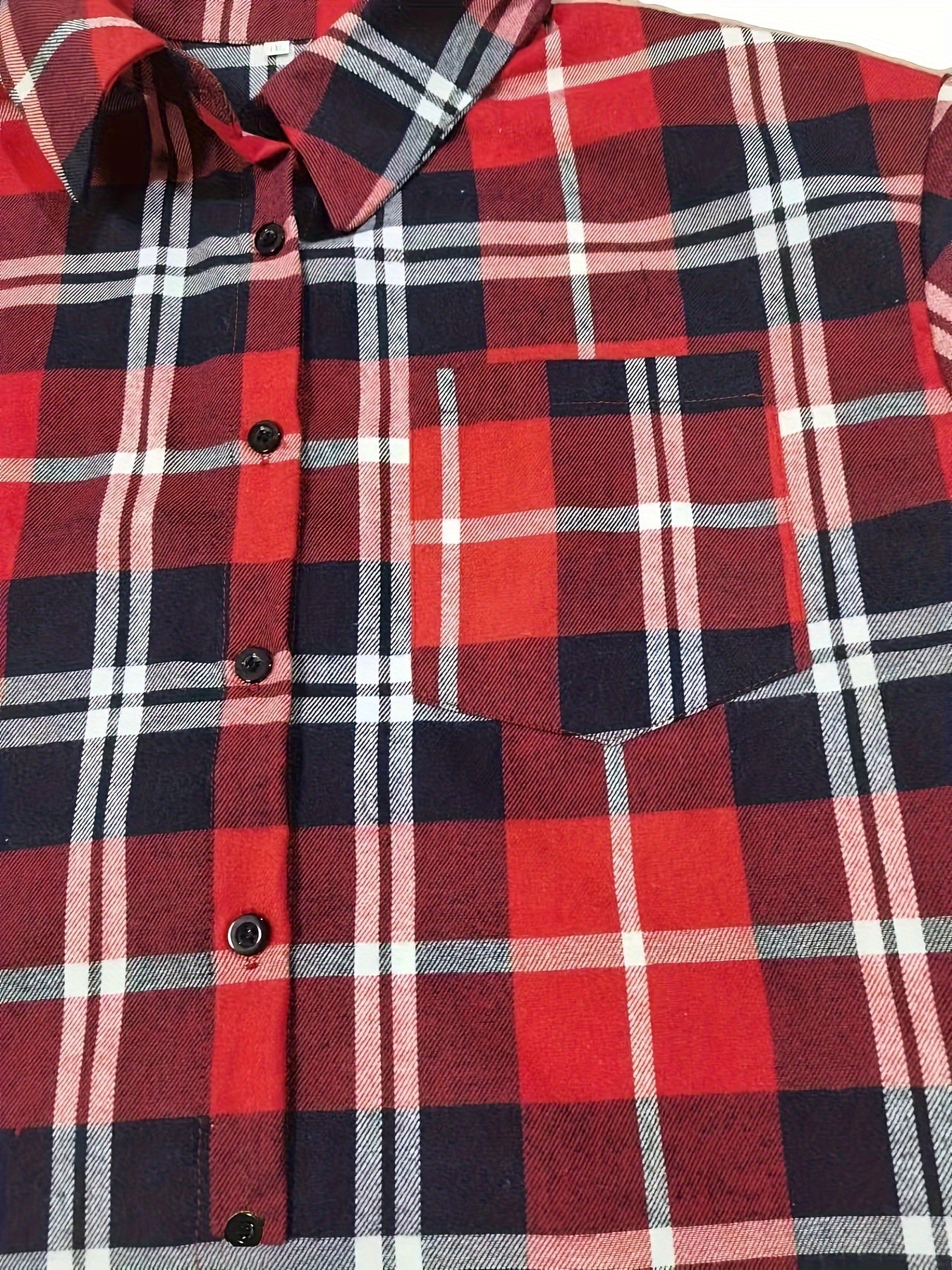  Plaid Print Long Shirt Button Front Collar