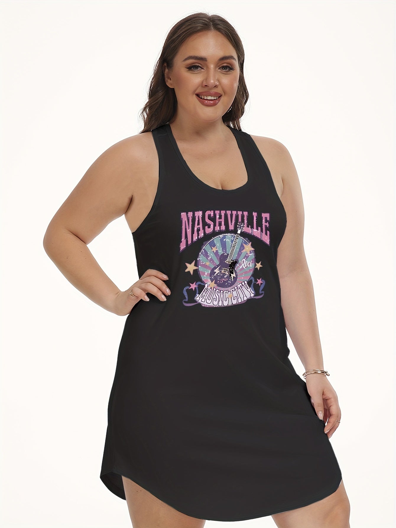 Women's Plus Guitar & Letter Print Tank Dress Music Graphic Home Wear Dress