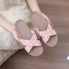 Women's Cross Strap Linen Slides Comfortable Open Toe Slip On Shoes