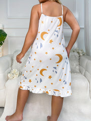  Moon & Stars Print Ruffle Trim Cami Sleep Dress