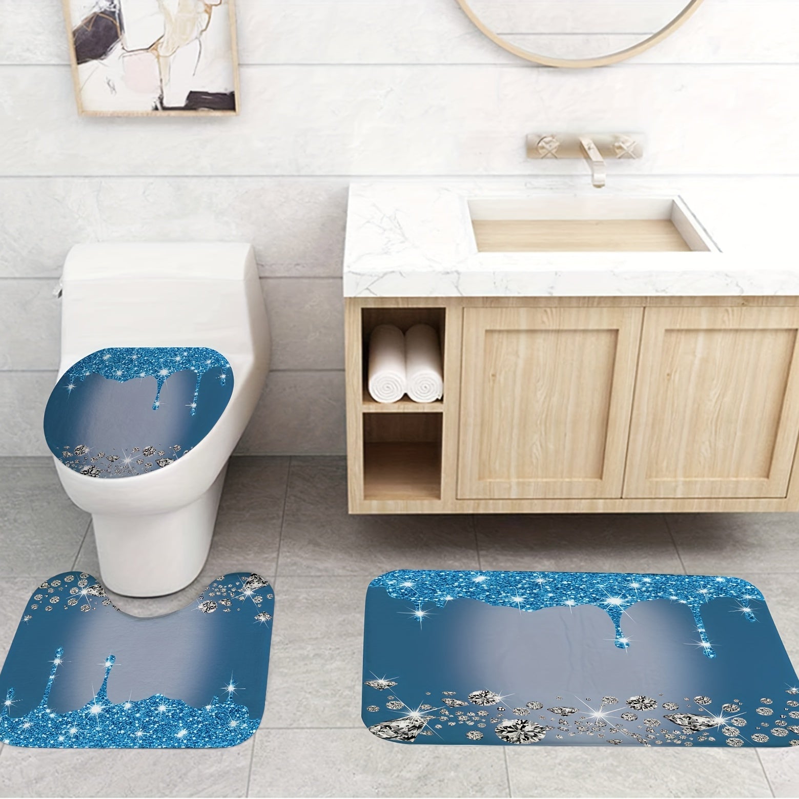 4Pcs Diamond Pattern Shower Curtain Set with Non-Slip Rugs
