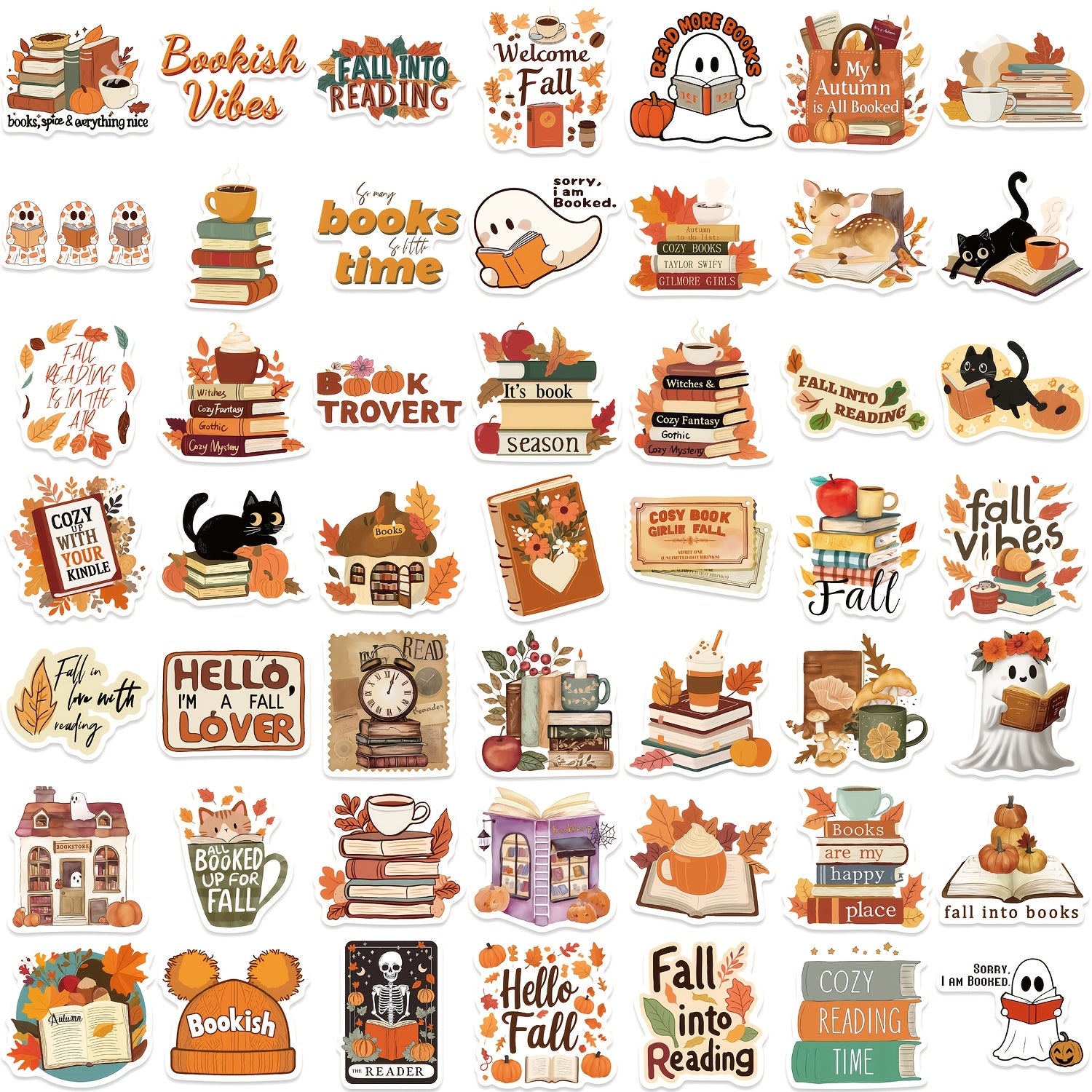 50pcs Bookish Fall Stickers Cartoon Book Nerd Decals Adhesive Paper Stick
