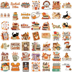 50pcs Bookish Fall Stickers Cartoon Book Nerd Decals Adhesive Paper Stick