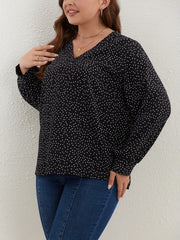  Dot Print Lantern Sleeve V Neck Top