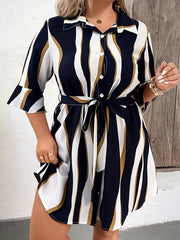  Colorblock Stripe Print Button Up Bell Sleeve Shirt Dress