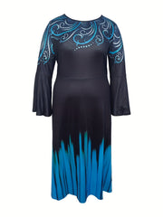 Floral & Ombre Print Bell Sleeve Maxi Dress