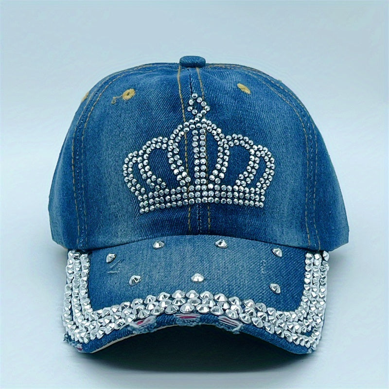 Rhinestone Crown Distressed Baseball Cap Casual Sun Hat