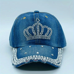 Rhinestone Crown Distressed Baseball Cap Casual Sun Hat